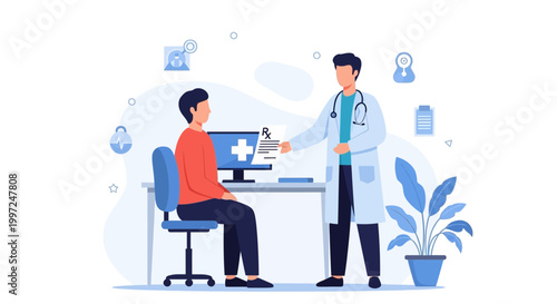 Doctor giving prescription to patient in clinic, medical consultation, healthcare concept