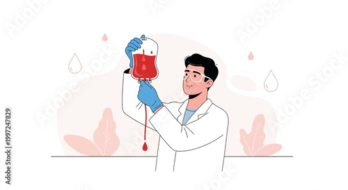 Doctor holding blood bag for transfusion, medical research and healthcare concept