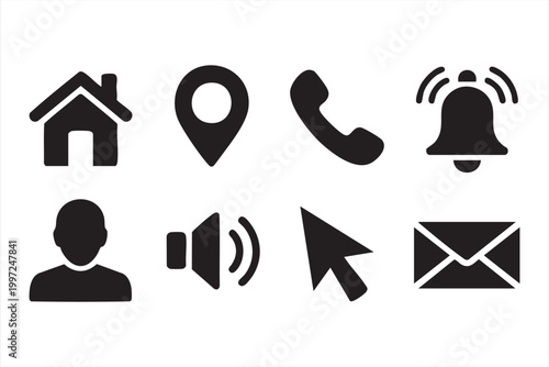 UI icon set with home location phone and notification symbols