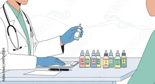 Doctor holding CBD oil bottle, consulting patient with various tinctures on desk