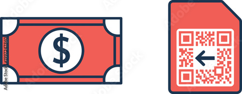 Cash Money and QR Code Payment Icon Set in Outline and Flat Style Vector Illustration for Digital Transactions, Finance, Banking, and Mobile Payment Design