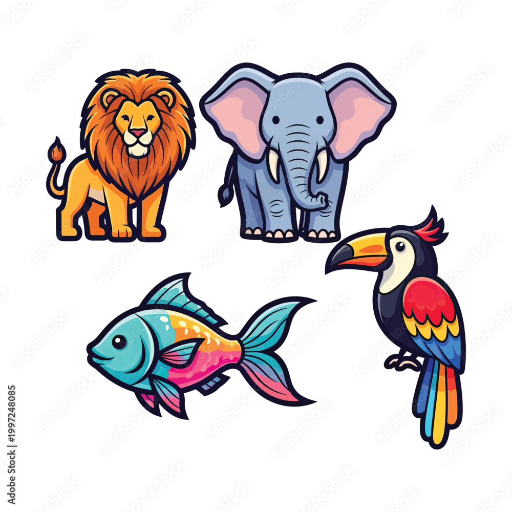 Fototapeta premium Cartoon Animal Illustration Featuring Lion, Elephant, Toucan and Colorful Fish Diversity