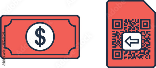 Cash Money and QR Code Payment Icon Set in Flat Style Vector Illustration for Digital Transactions, Finance, Banking, and Online Payment Design