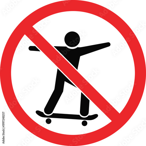 No Skateboarding Sign Icon in Red Circle Prohibition Style Vector Illustration for Safety Warning, Restriction Rules, and Public Area Control Design