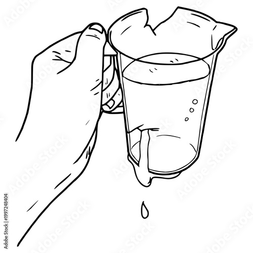 hand holding broken water pitcher illustration hand drawn outline vector