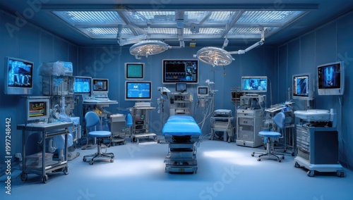 Modern Operating Room with Advanced Medical Equipment and Monitors.