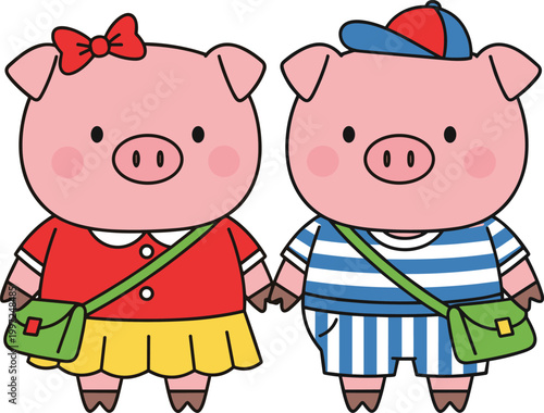 Cute Pig Cartoon Character Set with Boy and Girl Outfit Vector Illustration in Flat Style for Kids Design, Farm Animal Theme, and Fun Graphics