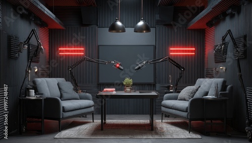 Modern Podcast Studio with Two Microphones and Chairs.