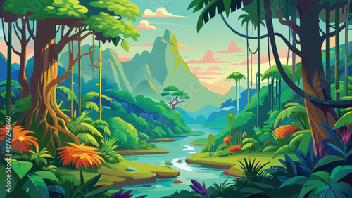 Beautiful tropical rainforest landscape with a flowing river and big green trees under a bright colorful morning sky Vector