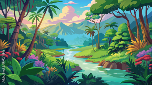 Beautiful tropical jungle landscape with a flowing river and lush green trees under a bright colorful sunset sky scenery Vector
