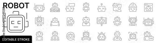 Robot icon set. AI agent. Robots icons. Editable stroke. Vector illustration