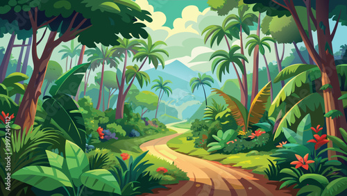 A beautiful lush green jungle path winding through a tropical rainforest with palm trees and vibrant exotic plants Vector