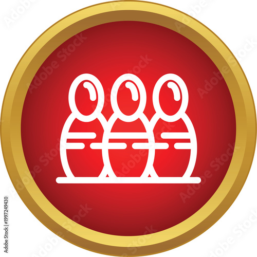 Three outline bowling pins arranged on a vibrant red circle with a golden border