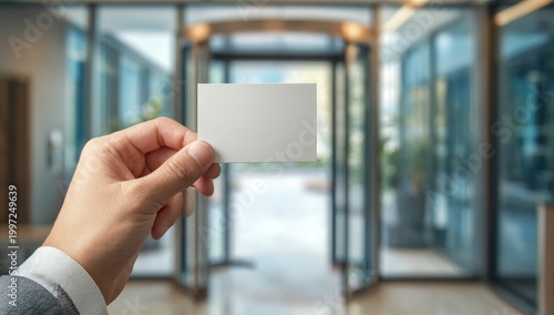 Hand holding a blank white business card in front of a modern office building entrance.