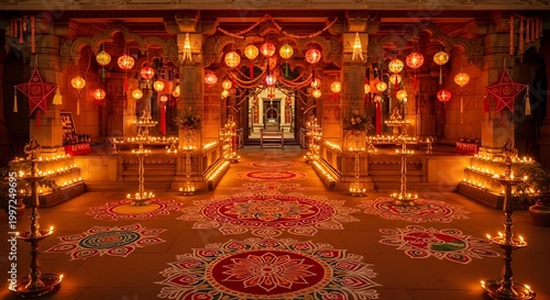 Majestic Temple Interior Decorated with Glowing Oil Lamps, Floral Rangoli, and Festive Lanterns for Diwali Celebration