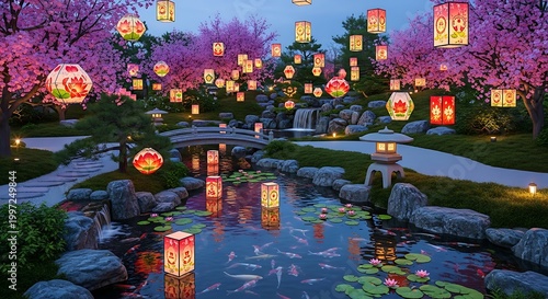 Enchanting Japanese Garden at Night with Floating Lanterns and Cherry Blossoms Reflecting in Koi Pond