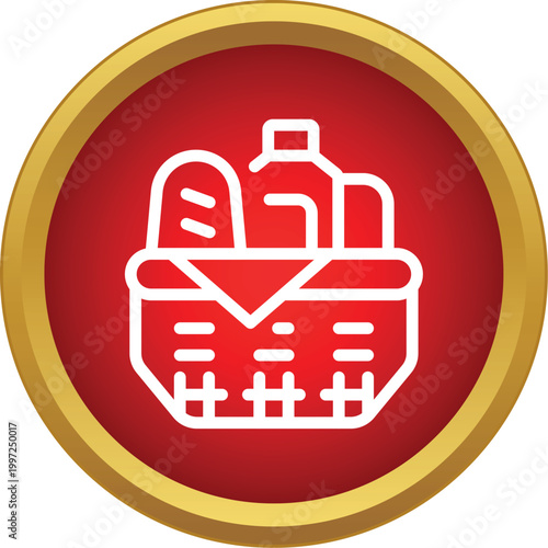 Picnic basket icon holding bread and drink for a summer outdoor meal