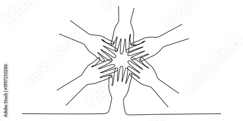 Diverse hands joining together in a circle, teamwork concept, single line drawing Vector, illustration