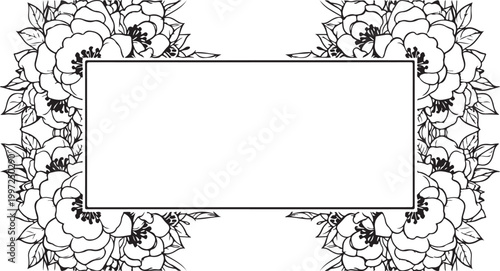 Floral frame border, black and white vector, peony illustration, blank label template