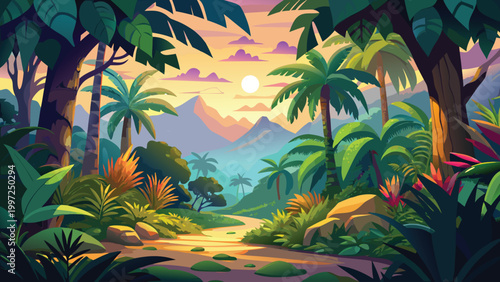Beautiful tropical jungle landscape with palm trees and a winding path at sunset with mountains in the background Vector