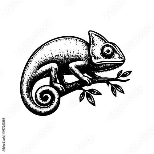 Vintage Woodcut Style Illustration of a Chameleon Perched on a Tree Branch