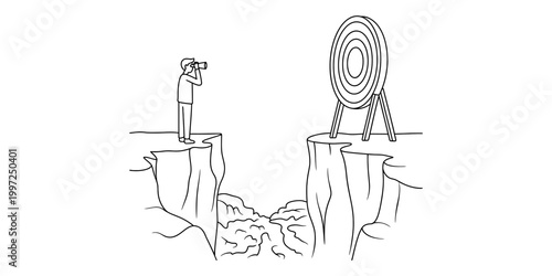 Man standing on cliff edge looking through binoculars at target on opposite cliff, symbolizing vision and goals Vector, illustration