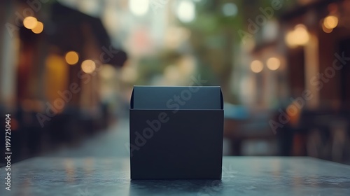 Black box mockup, city street, blurred background, packaging design