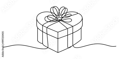 Heart shaped gift box with ribbon and bow, continuous line drawing Vector, illustration