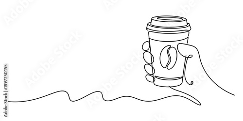 Hand holding a single line art coffee cup with a coffee bean logo Vector, illustration