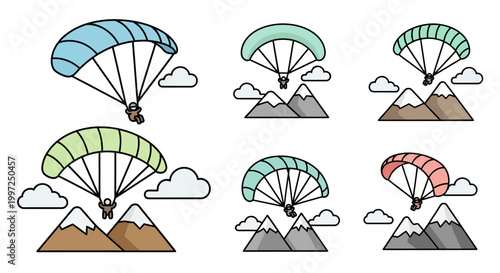 Paragliding icons set with mountains