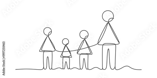 Minimalist line art family holding hands, parents and children together Vector, illustration