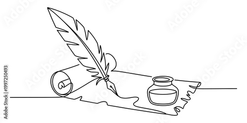 Feather quill pen and ink bottle on scroll of paper, continuous line drawing Vector, illustration
