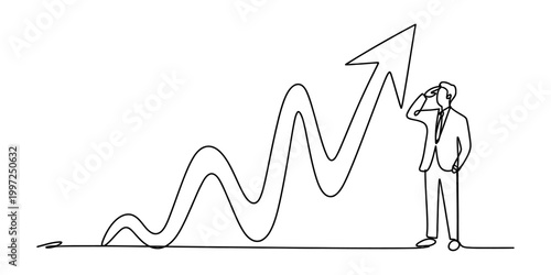 Man in suit looking at rising stock market graph with upward arrow, one line drawing Vector, illustration