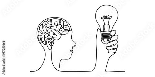 Human head profile with brain and hand holding a light bulb, concept of idea and thinking, single line drawing Vector, illustration