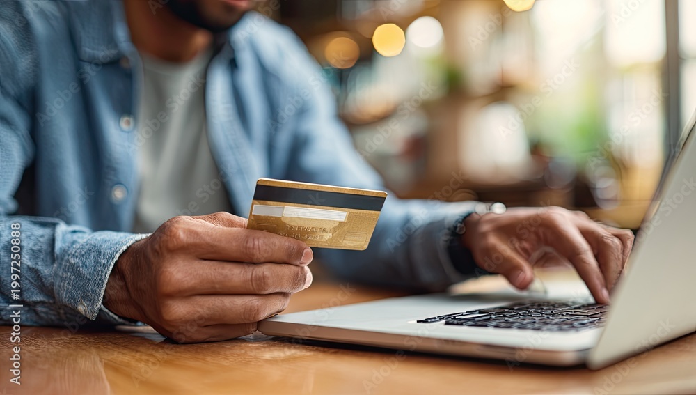 Fototapeta premium Man Using Credit Card for Online Shopping on Laptop.