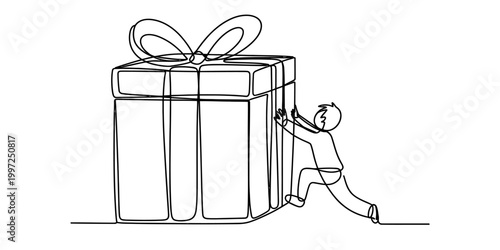 One continuous line drawing of a person pushing a large gift box with a ribbon, symbolizing effort and celebration Vector, illustration