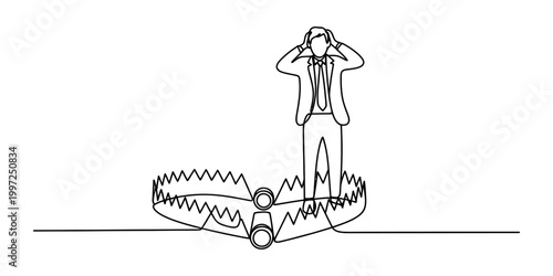 Man in suit stressed with hands on head, standing in a bear trap, concept of business failure or trap Vector, illustration