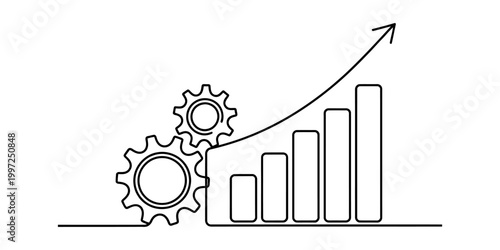 Gears turning with a rising bar graph and upward trend arrow, representing growth and progress Vector, illustration