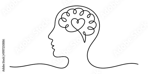 Continuous line drawing of a human head profile with a heart shape inside the brain, representing love and thought Vector, illustration