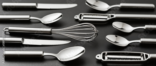 Chrome Kitchen Tools Flatlay with Whisks, Peelers and Tongs on Black Matte Surface Highlighting Reflective Metal Shine and Clean Minimal Composition