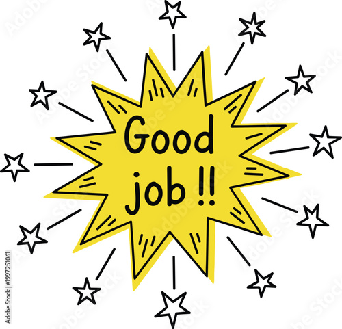 Good Job Starburst Badge Vector Illustration in Hand Drawn Comic Style with Stars for Motivation, Achievement, Reward, and Positive Feedback Design
