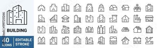 Set of 40 outline icons related to Building. Linear icon collection. Editable stroke. Vector illustration