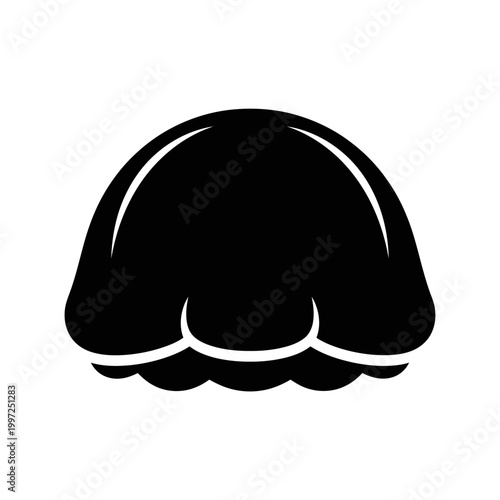 Black silhouette of a dumpling with a scalloped edge, isolated on white.