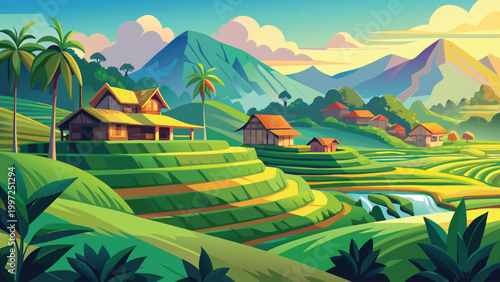 Beautiful green rice terrace fields with small houses in a rural mountain landscape during a bright sunny morning time Vector