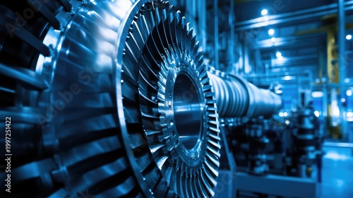 Industrial turbine engine rotor mechanism showcasing complex metallic blades, representing advanced technology, engineering, and manufacturing in a modern power generation facility