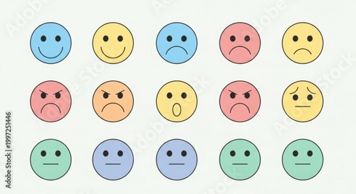 Collection of diverse colorful emoticon faces expressing various emotions on neutral background