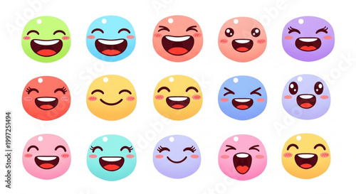 Colorful emoticon faces with various expressions on white background for digital design