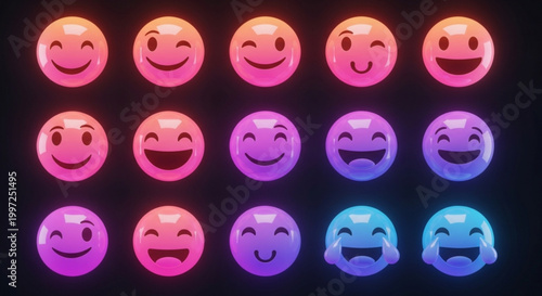 Colorful emoticon faces in gradient hues of pink purple and blue on dark background
