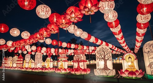 Vibrant Rows of Illuminated Traditional Lanterns and Buddha Paintings During Vesak Festival at Night