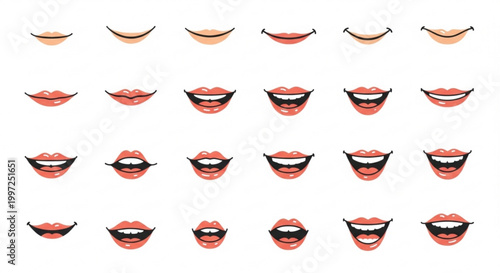 Collection of various smiling mouths and lips with different expressions on white background